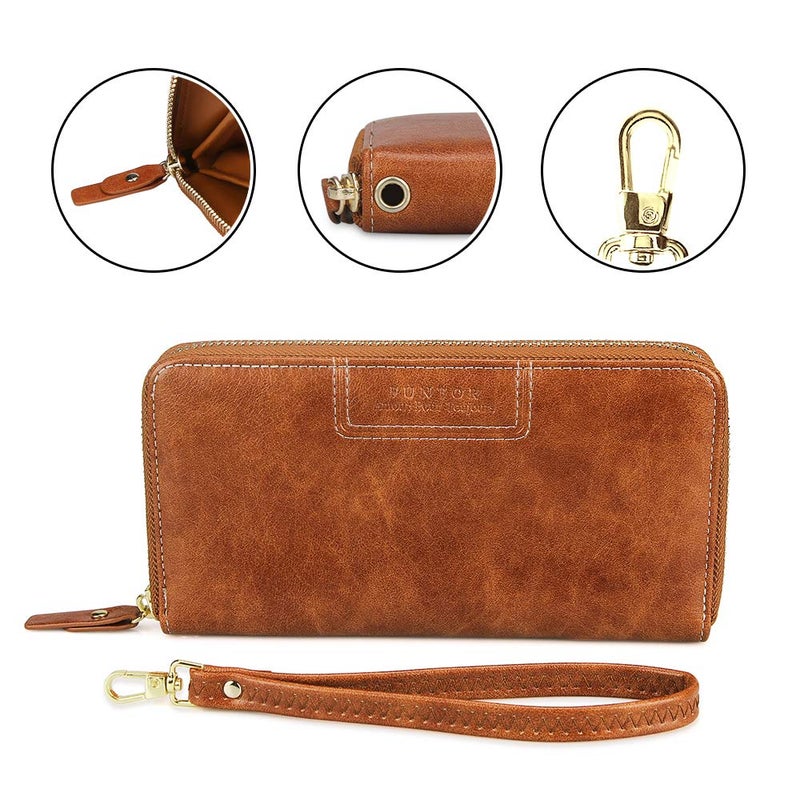FT FUNTOR Wristlet Wallet for Women, Ladies Zip around Wallet PU Vegan Leather Clutch Long Purse Phone Card Holder Organizer Brown - Image 4